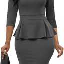 Womens 3/ 4 Sleeve Crew Neck Peplum Wear to Work Office Pleated Sheath Dress Grey XXX-Large
