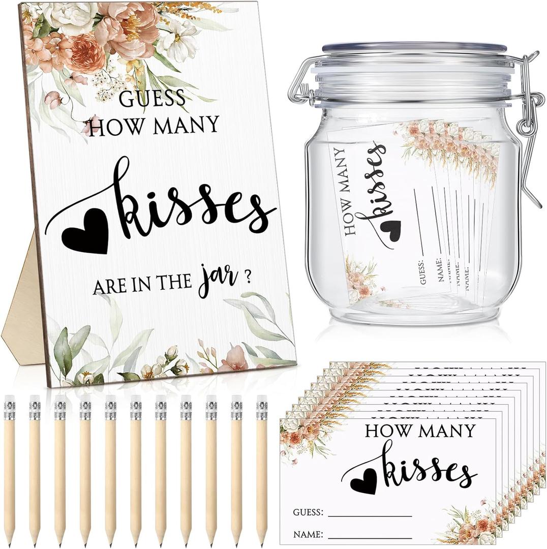 Yousoontic 122 Pieces Guess How Many Kisses Bridal Shower Games Include 1 Bridal Shower Wooden Sign 100 Guessing Cards 20 HB Pencils 1 Game Jar for Guests Wedding Party(Boho Flower)