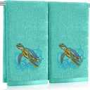 2 Pcs Sea Turtle Hand Towels Teal Bathroom Decor 14x29 Inch Embroidered 100% Cotton Soft Absorbent Spring Summer Decorative Hand Towels for Bathroom Kitchen (Blue-green)