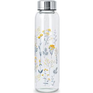 Clear Water Bottle 16 oz BPA Free Glass Drinking Bottle for Juice with Stainless Steel Lid and Neoprene Sleeve (16 ounce, Scattered Flowers)
