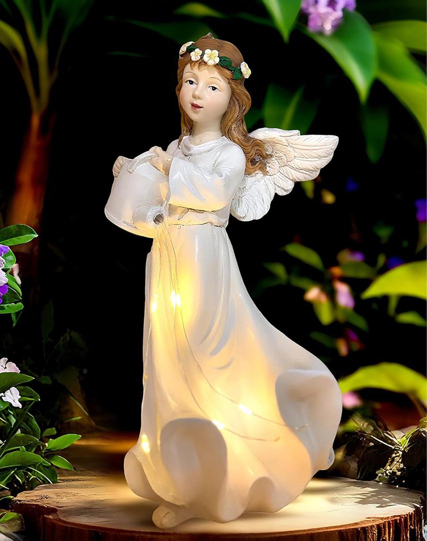 Solar Angel Garden Statues Outdoor Decor,10.24H Resin Fairy Hanging Figurines Art Decorations with Watering Can Lights for Outside Yard Lawn Porch Balcony,Gardening Gifts for Mom Women