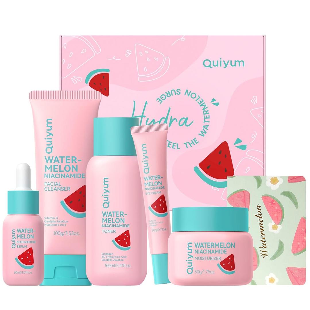 QUIYUM Watermelon Niacinamide Skin Care Set, Routine Beauty Skin Care for Teens- Gift Set with Cleanser, Toner, Eye Cream, Cream, Serum, Facial Juicy Glow Up Set for Women, Girls, for All Skin Types (5 Pieces)