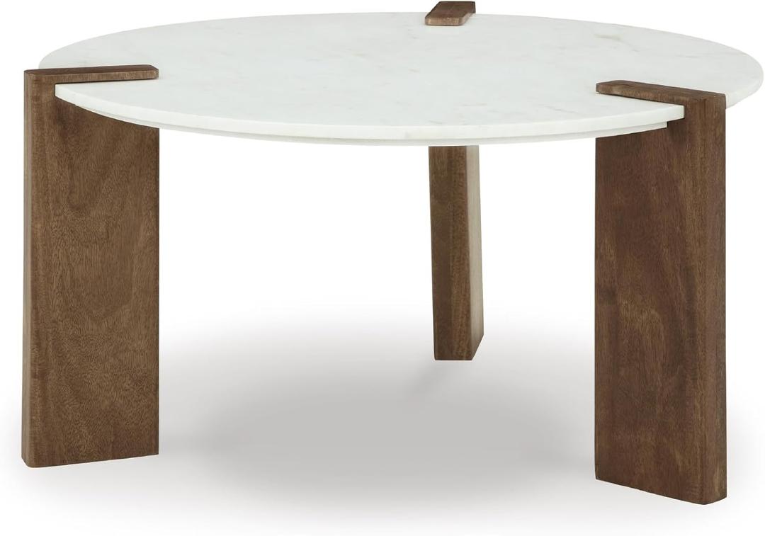 Signature Design by Ashley Isanti Modern Coffee Table with Marble Top, White & Light Brown