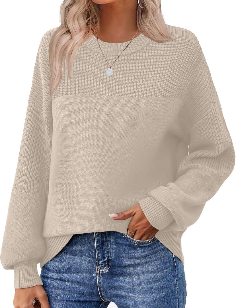 Zeagoo Women's 2026 Fall Chunky Knit Sweater Oversized Crewneck Long Sleeve Winter Cotton Pullover Sweaters Jumper Tops (XX-Large, Beige)