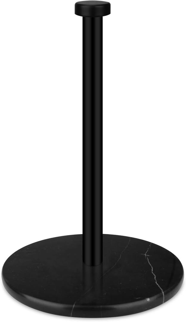 Paper Towel Holder Countertop with 7" Weighted Black Marble Base - Modern Free Standing Paper Roll Holder, Matte Black Stainless Steel Stand Paper Towel Holder for Kitchen and Bathroom