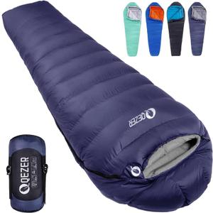 QEZER Down Mummy Sleeping Bag for Adults, 18°F to -11°F Cold Weather Winter Lightweight Compact for Camping Backpacking Hiking, Snow Camping Sleeping Bag with 600 Fill Power Down
 (-11F~18F, Blue-Left Zip)