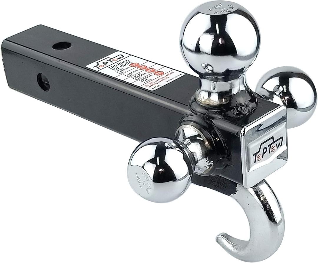 TOPTOW 64180 Trailer Receiver Hitch Triple Ball Mount with Hook, Chrome Balls, Fits for 2 inch Receiver, Hollow Shank
