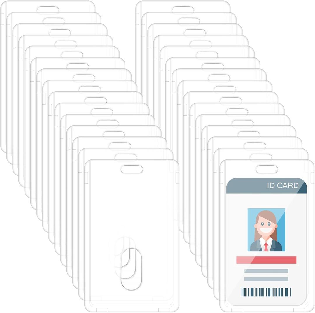 30 Pieces Vertical Badge Holder Heavy Duty Plastic ID Card Holder Transparent Protector Clear Badge Protector Cover Sleeve Protective Cover with Thumb Slot for Credit Card