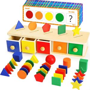 Peacurh Montessori Toys Wooden Color & Shape Sorter Toys for Toddlers 1-3, Matching Box Sorting Blocks Manipulatives Preschool Learning Educational Toy for 1 2 3 4 Year Old Boy Girl Kid Gifts