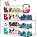 12 Pack Drop Front Acrylic Shoe Boxes with Magnetic Door Fit US Size 12, Clear Stackable Shoe Organizer for Closet, Entryway, Underbed, Multiple Display Cases for Hats, Figures, Sneakers