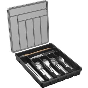 Lifewit Silverware Organizer with Lid, Covered Utensil Tray for Kitchen Drawer and Countertop, Plastic Cutlery and Flatware Storage Box for Spoons Forks Knives Holder Case, 7 Compartments, Black (11.3"L  14.4"W)