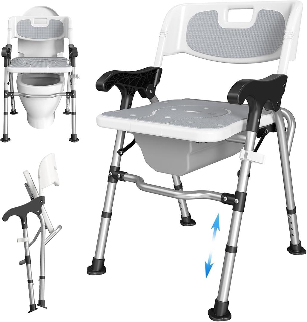 3-in-1 Shower Chair for Seniors, Foldable Bedside Commode, Height Adjustable Raised Toilet Seat with Removable Bucket, Padded Arms & Back Support for Elderly, Adults, 400 lbs Capacity (White)