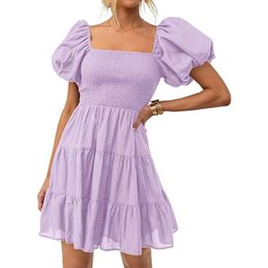 ZESICA Women's Boho 2025 Summer Square Neck Puff Sleeve Off Shoulder Smocked Tiered Casual A Line Short Mini Dress, Size Large 
