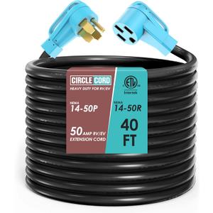 CircleCord UL Listed 50 Amp 40 Feet RV/ EV Extension Cord, Heavy Duty 6/ 3+8/ 1 Gauge STW Wire, NEMA 14-50P/ R Suit for Tesla Model 3/ S/ X/ Y EV Charging and RV Trailer Campers