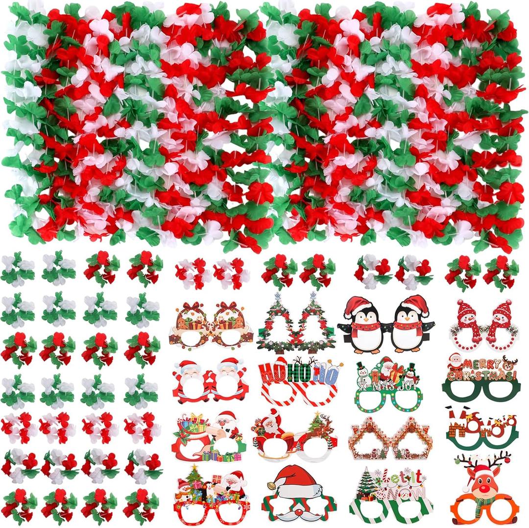 Atonofun 64 PCS Leis for Christmas Party Decorations- Leis Bulk, Red and Green Flower Lei for Adults Birthday Christmas Party Favors Supplies
