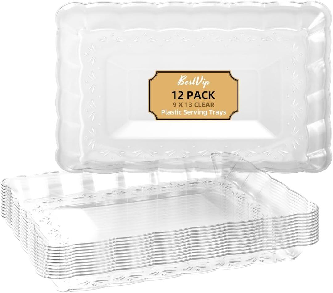 BESTVIP Clear Plastic Serving Trays - 12 Pack 9x13 Rectangle Flower - Edged Cookie Dishes for Events, Weddings, Daily Use, Dessert Displays & Craft Projects