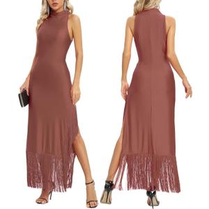 Aigeman Women Vintage Flapper Dresses 1920s Great Gatsby Halter Fringed Maxi Dress Tassels High Split Formal Dress 19(Small,Reddish Brown)