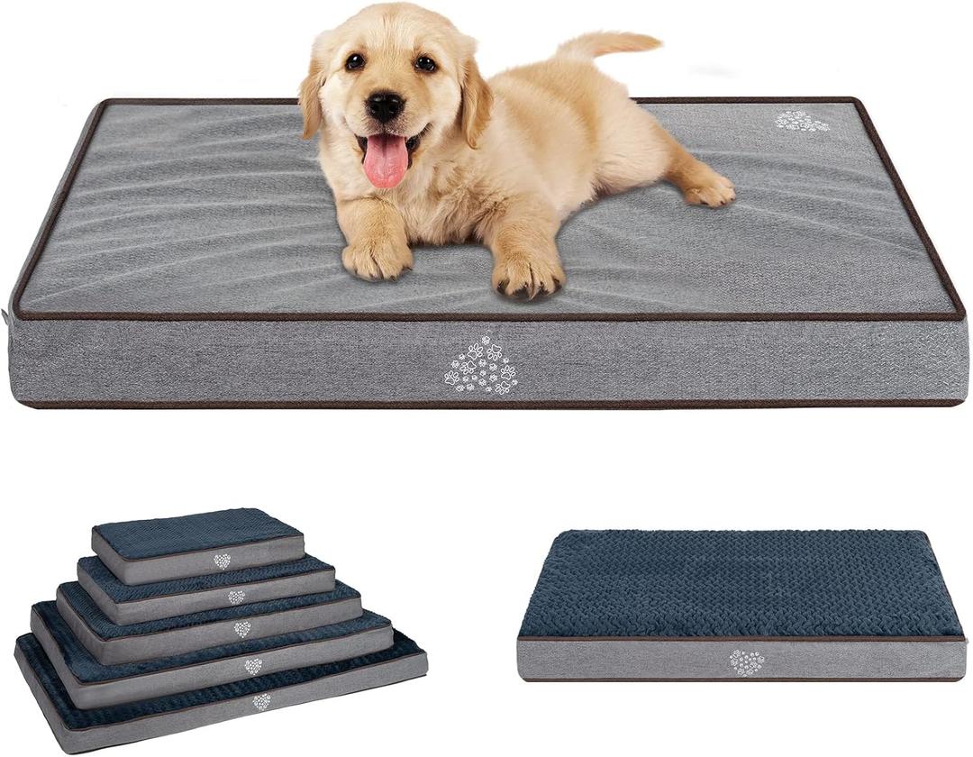 VANKEAN Dog Bed Soft Crate Pad Mat Reversible Cool & Warm, Washable Comfy Kennel Pad with Orthopedic Egg-Crate Foam for Small Medium Large Dogs, Water-Resistant Pet Bed, Gray/Dark Blue (Grey)