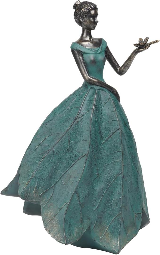 Guichifun Fairy Statue Collection Home Decoration - Leaf Angel Girls with Dragonfly Resin Home Decor for Outside or Inside Rustic Garden Outdoor Yard Decorations Figurines Gift 12 x 8.5 x 18 Inch (X-Large, Green-dragonfly)