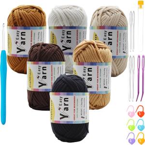 Beginner Easy Yarn Kit for Knitting,Crocheting; Worsted Weight Medium #4; Cotton Blend Yarn for Amigurumi with Tools (Scorching Lava, 6 Skein)