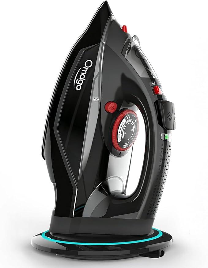 OMAIGA Cordless Iron for Clothes, 1500W Steam Iron with NonStick Ceramic Soleplate, Auto Shut Off, SelfClean, Burst of Steam, Anticalc, 3 Temperature Settings, 11.84oz Water Tank, Black