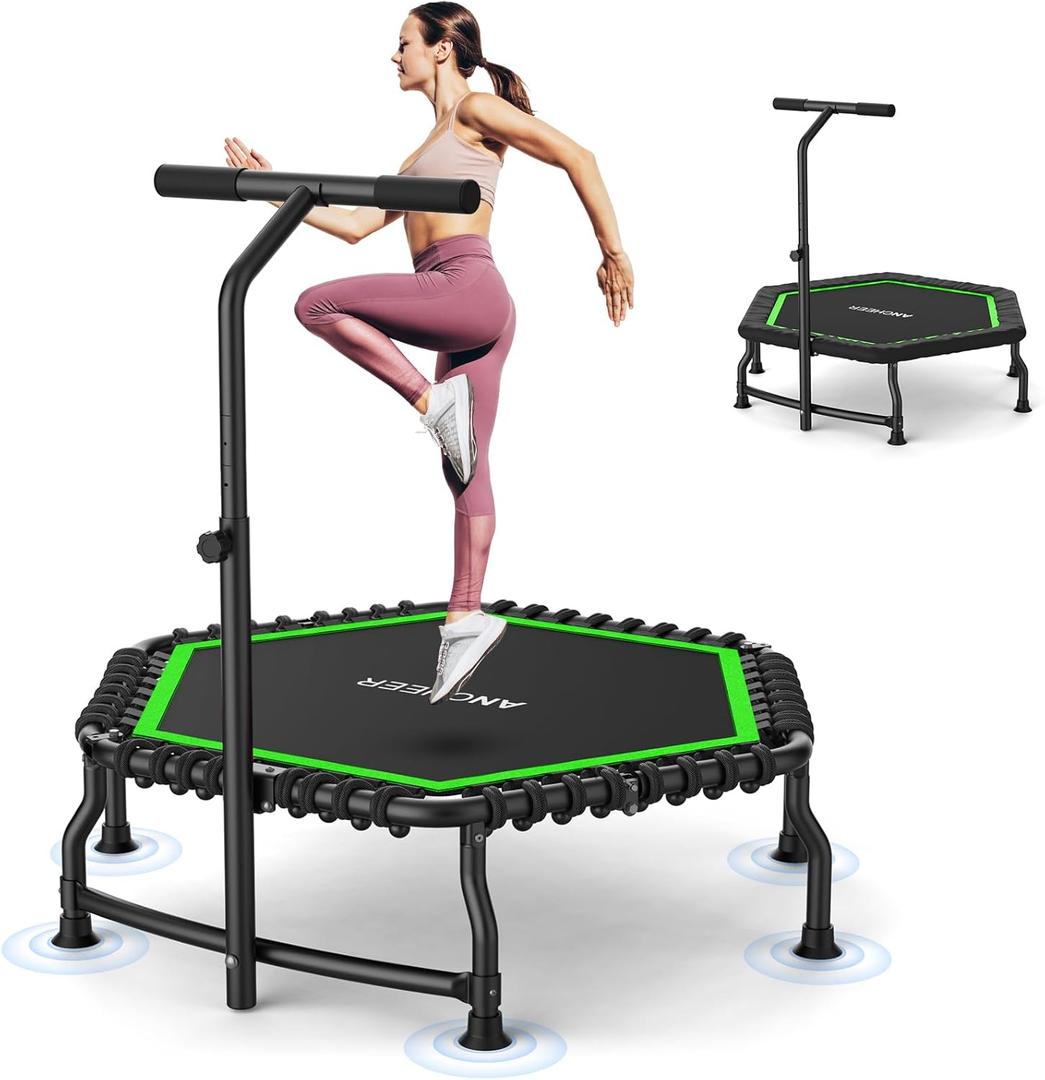 ANCHEER Trampoline, 50'' Rebounder Trampoline for Adult with Bar, Indoor Outdoor Mini Trampoline, 550LBS Fitness Trampoline with Bungee, Jumping Cardio Equipment, Exercise Trampoline at Home Gym (Green)