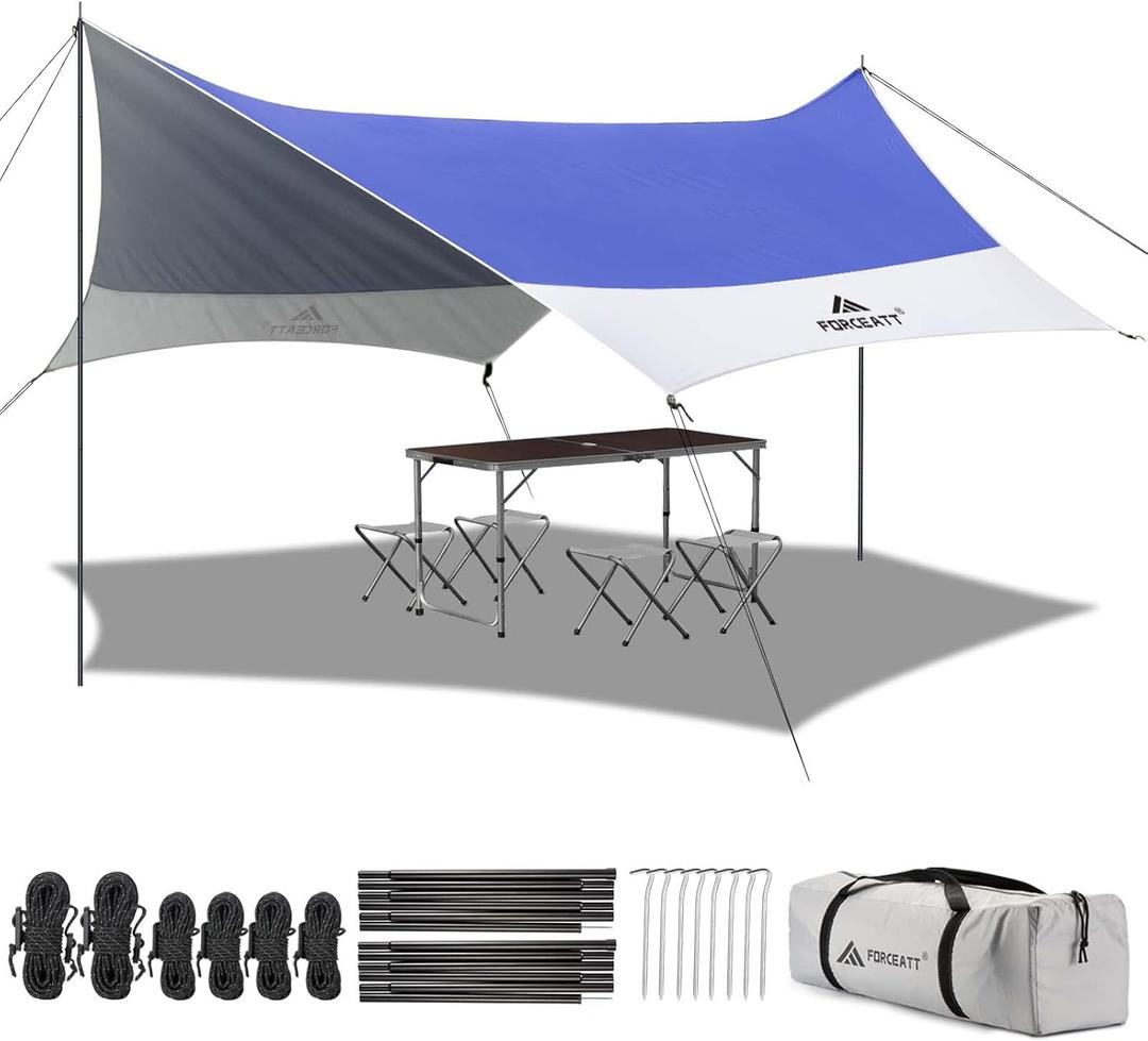 Forceatt 12x14FT Waterproof Anti-UV Camping Tarp with 2 Poles (UPF50+), Lightweight Sun Shelter for Car, Tent, Hammock in Hiking, Backpacking, Garden and Traveling