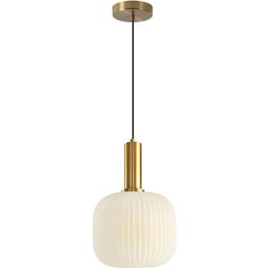 KCO Lighting Milk Glass Pendant Light White Ribbed Glass Pendant Lighting Antique Brass Pendant Lights Small White and Gold Pendant Light Fixture Modern Globe Hanging Lamp