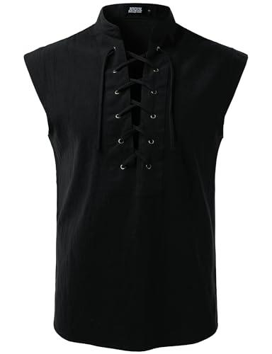 JOGAL Mens Renaissance Shirt Pirate Medieval Sleeveless Halloween Costume Steampunk Viking Lace-up Stand Collar Shirts Black Small