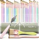 Nicpro 30pcs Paint Brush Set, Aesthetic Pastel Paintbrushes with Paint Spatula and Cloth Roll, Craft Paint Brushes for Acrylic Painting Oil Watercolor Gouache, Art Supplies for Women Artists Beginners