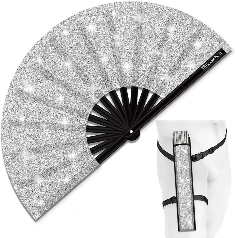 Glitter Large Rave Folding Clack Hand Fan with Holster, Boots on the Ground Popping Handheld Fan Foldable for Men Women for EDM Festival Club Party Dance (Silver, Large 13")