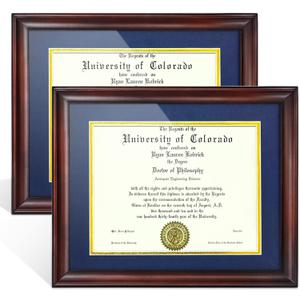 8.5x11 Diploma Frame with Mat Set of 2, Degree Frame Display 11x14 Certificate Document Picture without Mat, Mahogany Solid Wood and HD Plexiglass Frame with Blue Mat
