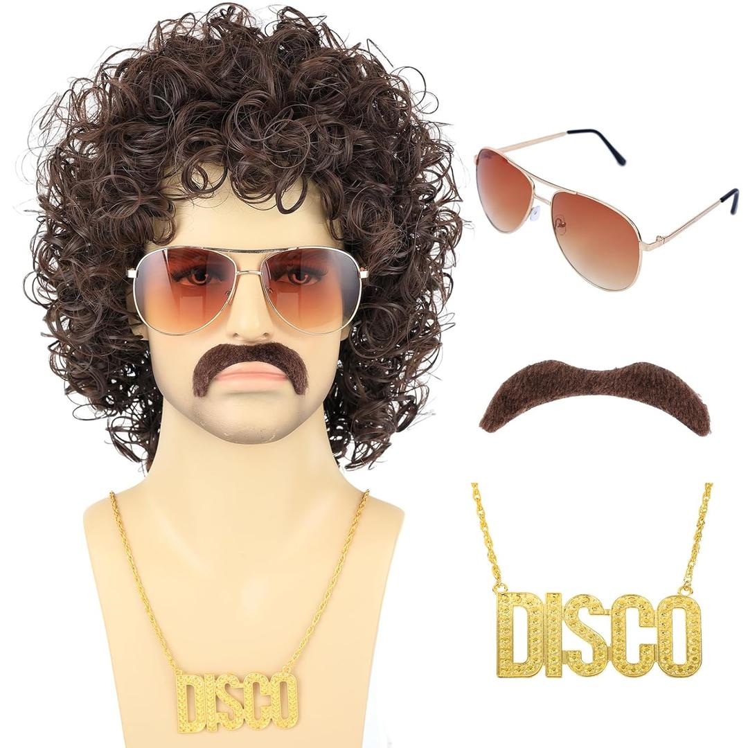 80s Short Brown Curly Wig for Men with Mustache Glasses and Chain 70s Mullet Wig with Curl for Rocker Halloween Costume Cosplay (Brown)