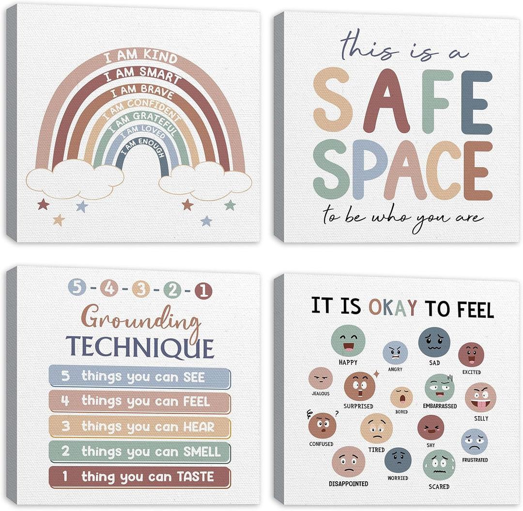Maitys Pack of 4 Calm Down Corner Canvas Wall Decor Calming Classroom Boho Poster Framed Hanging Wall Art Supplies Kids Items for School Therapy Counselor Office Classroom Reading Room, 12 x 12 Inch