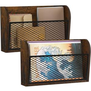 YINMIT 2 Packs Wall File Organizer-Holder, Hanging File Organizer, Wall Mounted File Holder, Wall Mount Paper Folder Rack for Office and Home (Rustic Brown)