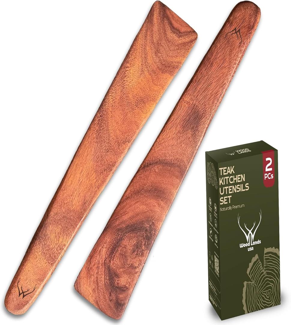 2PCS Wooden Spatula for Cooking  Premium Teak Wood Turner & Scraper Set for Cast Iron & Nonstick Cookware, Flat Egg & Pancake Flipper, Durable Heat-Resistant Kitchen Utensils