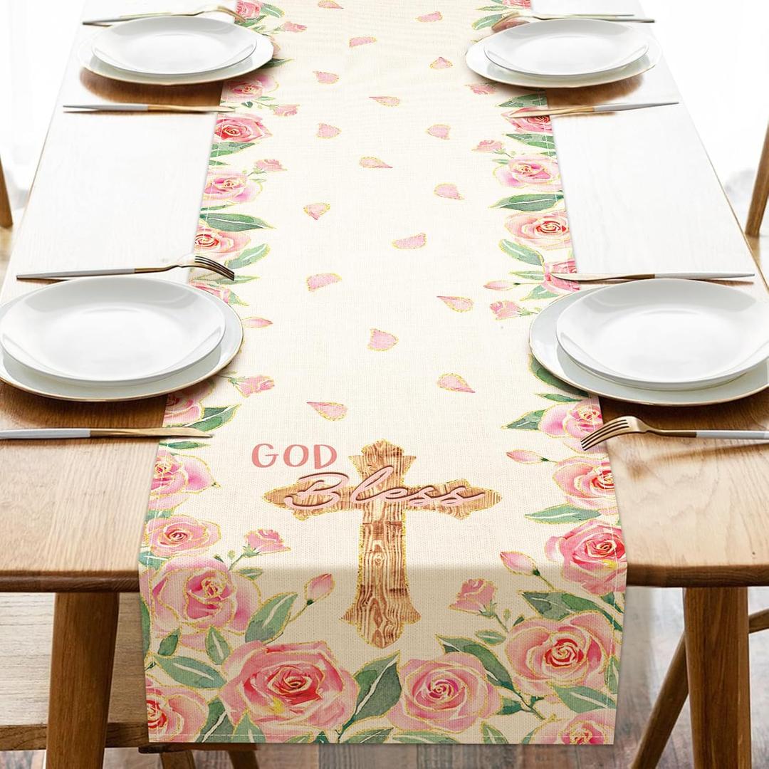 Baby Shower Christian Cross Dining Table Runner, Newborn Girl Baptism Religious God Bless Pink Rose Burlap Kitchen Decoration, Gender Reveal Indoor Outdoor Home Decor Party Supply 13 x 72 Inches