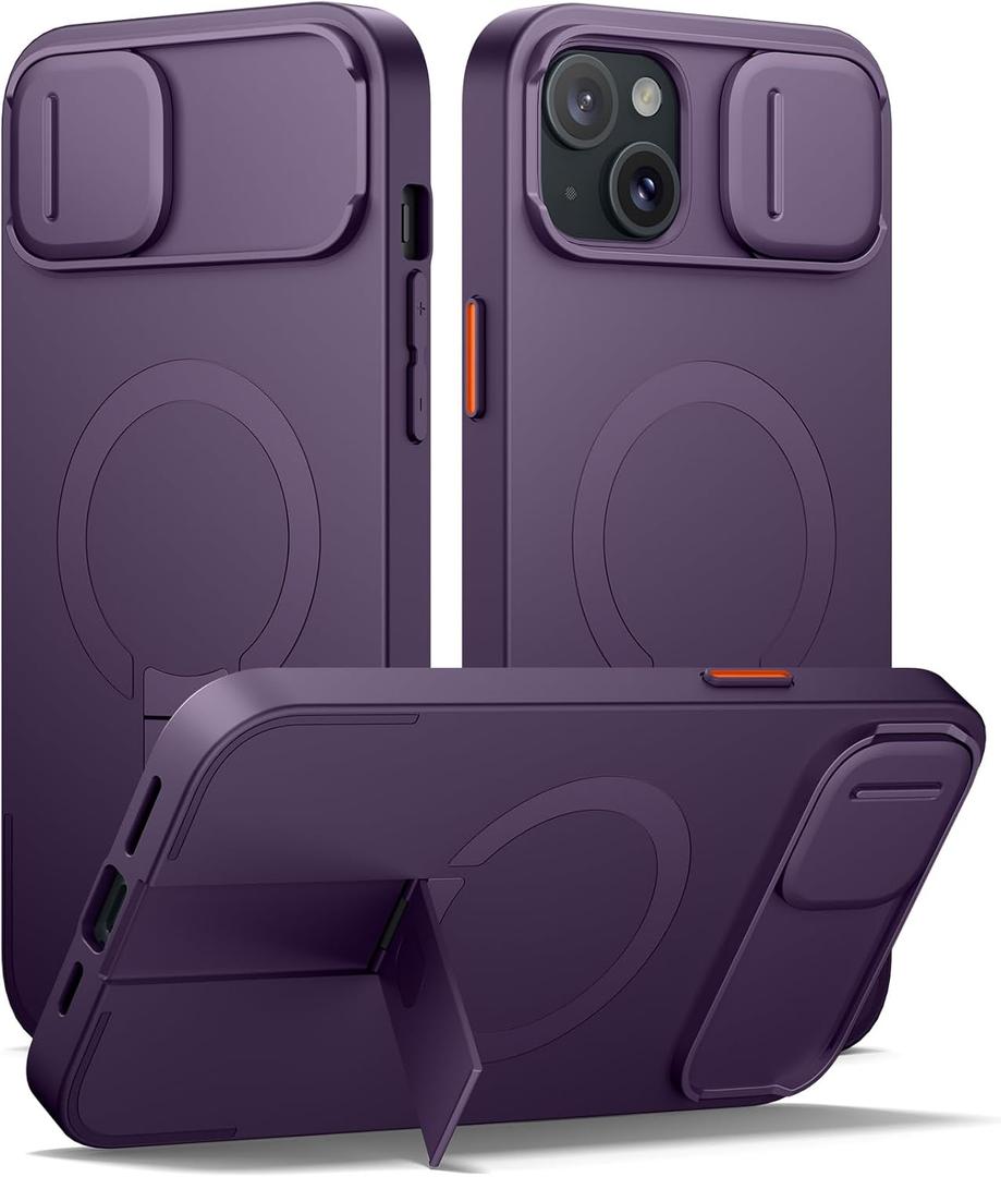 SURITCH for iPhone 14 Plus/15 Plus Case with Magnetic Camera Slide Cover and Adjustable Kickstand, Compatible with MagSafe, Shockproof Bumper Case Slim Protective Cover 6.7 Inch, Dark Purple