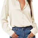 HOTOUCH Women Satin Silk Button Down Shirt Ladies Long Sleeve Tops V Neck Loose Blouse Dressy Business Casual Work Tunic Fall (Small, Beige)