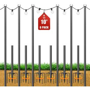 String Light Poles for Outside, 10ft Adjustable Metal Poles for Outdoor String Lights Hanging Light, Outdoor Light Poles with Fork, for Patio, Deck, Backyard, Garden (6 Pack)