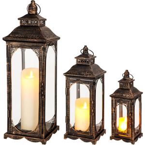 TRIROCKS Set of 3 Vintage Candle Lanterns 10/14/19.5''H Decorative Outdoor Lantern Metal Candle Holder with Tempered Glass for Home Living Room Garden Yard Event Indoor Outdoor (Black with Gold Brush) 