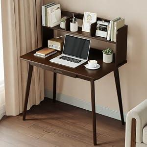 IOTXY Writing Desk with Desktop Bookshelf - 39.4" Small Work Computer Study Table with Drawer for Home and Office, Black Walnut