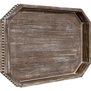 Wooden Decorative Tray, Rustic Serving Tray with Wood Bead, Farmhouse Big Tray for Ottoman, Countertop, Coffee Tabl, 16.5" x 13"x 1.6" (Retro Brown)