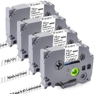 4PK Tz Tape 12mm 0.47 Laminated Clear TZe-131 TZe131 Compatible for Brother Label Maker Tape 12mm 0.47 Clear TZ-131 1/2 inch x 26.2 ft, for P Touch PTD210 PTD200 PT-D220 PTH100 PTH110