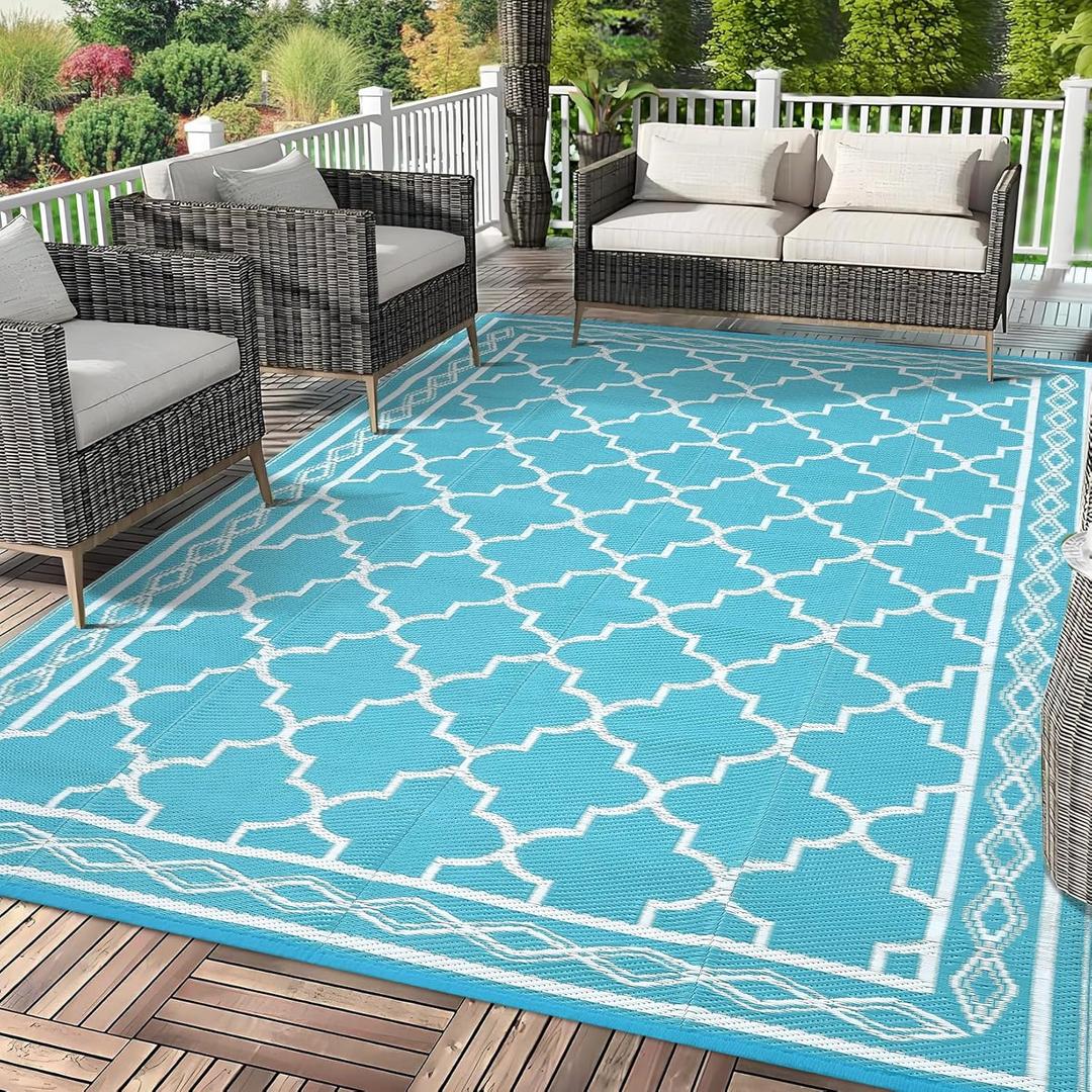 Garvee 9x12 Outdoor Rug, Large Waterproof Patio Carpet Reversible Plastic Straw Mat for Deck Backyard Balcony RV Camping, Easy Clean Outdoor Mat,Light Blue/White