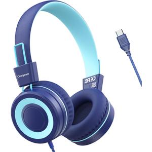 USB Type C Kids Headphones for School, Wired Toddler Headphones, 94dB Volume Limited, HD Stereo Sound, Foldable Lightweight On-Ear Wired Headphones for Kids/Children/Teens/Boys (Dark Blue)