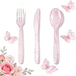 WDF 360 Pink Glitter Plastic Silverware - Disposable Glitter Cutlery - Plastic Silverware inluding 120 Forks, 120 Spoons, 120 Knives for Pink Birthday,Baby Shower,Mother's Day