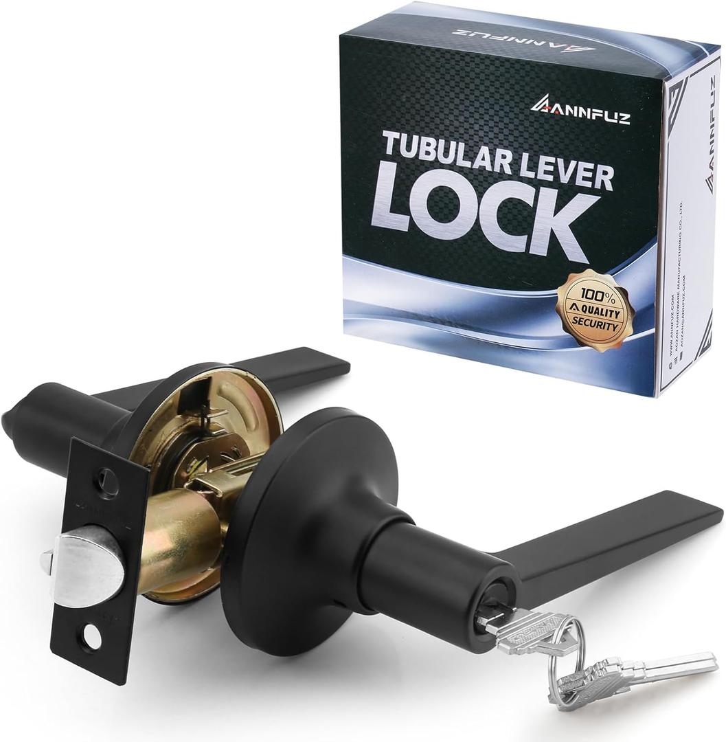 ANNFUZ Entrance Door Handle Lock with Keys,Not Keyed Alike,Reversible Door Lever with TurnThumb Locking for Right & Left Side,for Interior Front Door,Office,Bedoom (Classic,Entry, Matte Black)