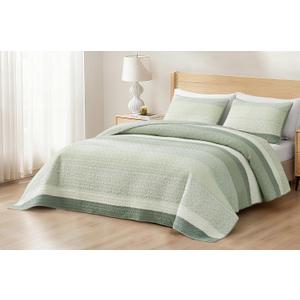 Chezmoi Collection Reed 3-Piece Chic Patchwork Striped Quilt Set - Green Floral Coverlet - Pre-Washed Cotton Lightweight Reversible Bedspread, Super King Size