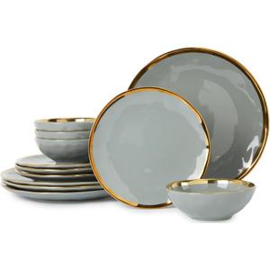 Pokini Porcelain Luxury Dinnerware Sets, Modern Plates and Bowls Sets for 4, Highly Chip and Crack Resistant, Grey and Gold Rim China Dishes Set for Wedding Anniversary
